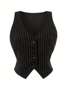 Female Waistcoat, Solid Color/ Striped V-Neck Sleeveless Tops Blouse Vest For Summer, S/M/L/XL/XXL - Khaki - View 9