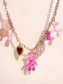 1 件粉色多色吊坠项链，带可爱玫瑰、心形、眼睛、熊、棒棒糖、狗吊坠 - 女士时尚珠宝礼物，适合度假、约会和派对（随机棒棒糖颜色） - 多色 - 查看 4