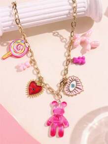 1 件粉色多色吊坠项链，带可爱玫瑰、心形、眼睛、熊、棒棒糖、狗吊坠 - 女士时尚珠宝礼物，适合度假、约会和派对（随机棒棒糖颜色） - 多色 - 查看 5