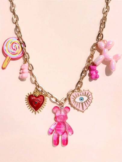 1pc Pink Multi Charm Necklace With Cute Rose, Heart, Eye, Bear, Lollipop, Dog Pendants - Funky Jewelry Gifts For Women, Suitable For Vacation, Dating And Party (Random Lollipop Color)