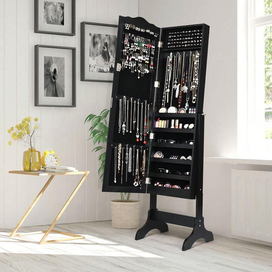 Joyero con espejo, organizador, caja de almacenamiento, blanco/negro, ideal para el regreso a clases en el dormitorio. - Negro - Ver 1