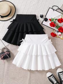 2pcs Solid Color Bow Knit Skater Skirts For Tween Girls - Multicolor - View 2