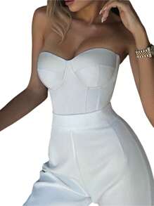 Women's Corset Tube Tops, Strapless Solid Color Boned Bustier Stretchy Bandeau Crop Tops