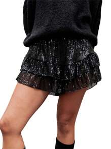 Women Sparkly Sequin Mini Skirt High Waist Glitter Flared Pleated Night Out Party Short Skirts - 黑色 - 查看 1
