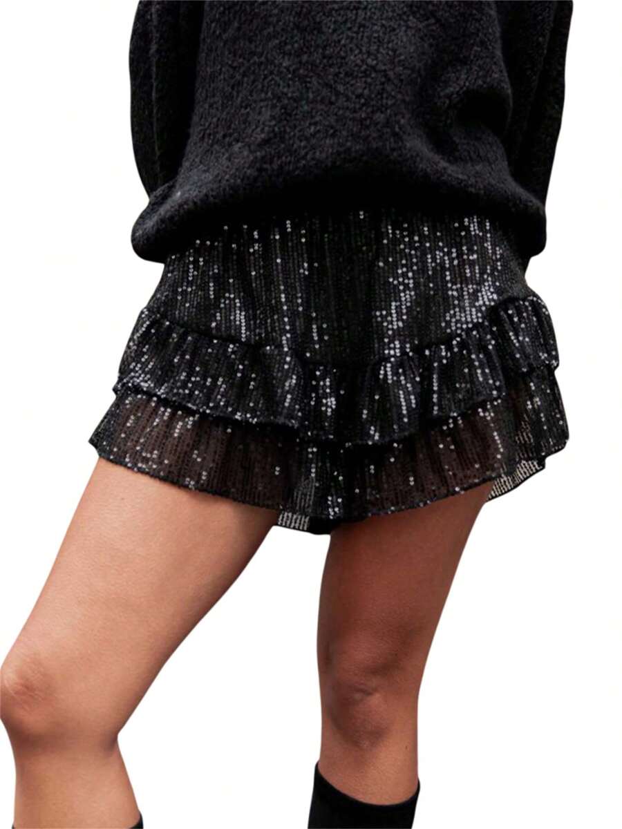 Women Sparkly Sequin Mini Skirt High Waist Glitter Flared Pleated Night Out Party Short Skirts - 黑色 - 查看 1