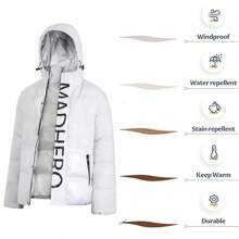 Men's Winter Puffer Warm Jacket - Hooded Polyester Fiber Thick Coat - Casual Style, Non-Stretch, Solid Color With Pockets, Outdoor Activities - trắng - Xem 5