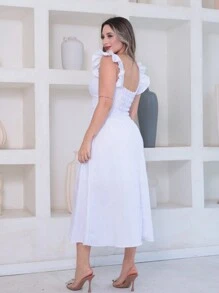 Victory Plain Dune Wave Midi Dress With Ruffle On The Sleeve - White - View 3