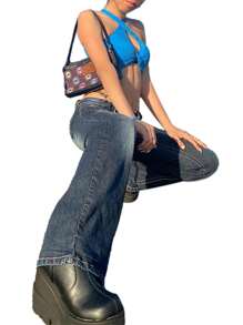 Women Hip Hop Denim Pants, High Waist Relaxed Fit Washed Wide Leg Jeans With Flap Pockets - 深藍色 - 查看 3