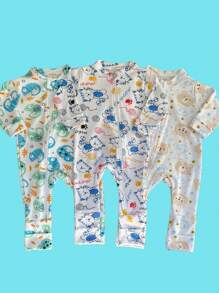 Baby Romper 3 Piece Kit Assorted Print - Zipper And Foot Turn Boy - Girl - 藍色 - 查看 2