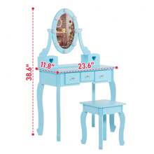 Kids Girls Vanity Table Set Makeup Dressing Table Stool Mirror With 3 Drawers