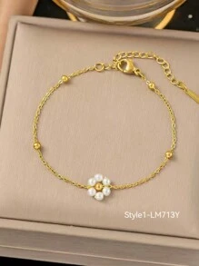 1 pieza Juego de collar y pulsera de perlas con diseño floral vintage hecho a mano, Gargantilla minimalista apta para un aspecto elegante, regalo para hermanas - Amarillo Oro - Ver 2