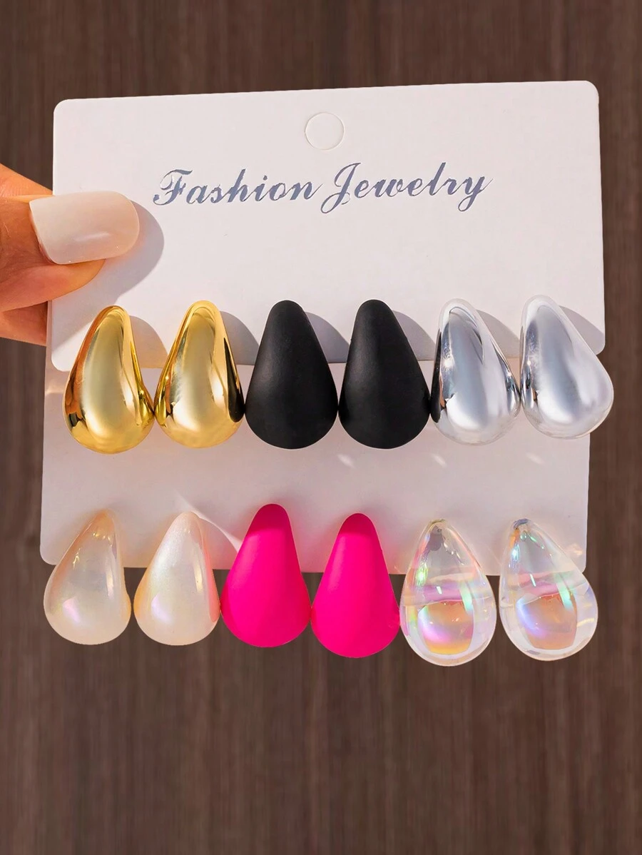 6/12 Peças Conjunto de Brincos de Gota em Material CCB Leve, Adequado para Uso Diário de Mulheres Durante Todo o Ano - brincos de gota de água - Visão 1