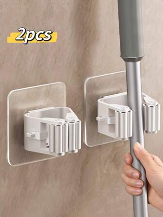 2pcs Wall Mount Mop Hanger Holder, Adhesive Bathroom Storage Rack For Broom, Mop, Umbrella, 2.36x2.36 Inches, Plastic Hook, Suitable For Home And Bathroom Organization (Note: Let It Stand For 12 Hours After Installation To Avoid Falling)