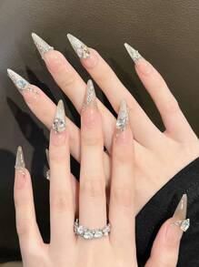 YADORNOS 10 件冰透明渐变细闪光猫眼小钻石法式手工亚克力按压指甲，长细高跟尖头假指甲，星形钻石法式指甲贴，情人节指甲，婚纱新娘指甲，DIY 指甲用品，含果冻胶和指甲锉 - 香檳色 - 查看 4