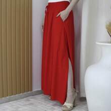 Steve Store Women's Fashion Viscose Fabric Skirt With Lining, Has Pocket And Slit On The Sides - vermelho liso - 查看 3