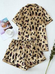 [Elegant Fields]2pcs/Set Satin Brown Leopard Print Short Sleeve Collared Top & Bowknot Shorts Women Summer Pajama Set,Two Pieces Set - Yellow - View 2