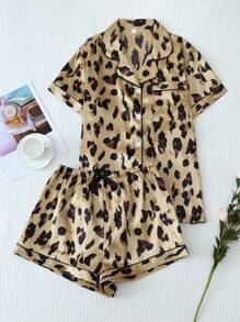 [Elegant Fields]2pcs/Set Satin Brown Leopard Print Short Sleeve Collared Top & Bowknot Shorts Women Summer Pajama Set,Two Pieces Set - Yellow - View 1