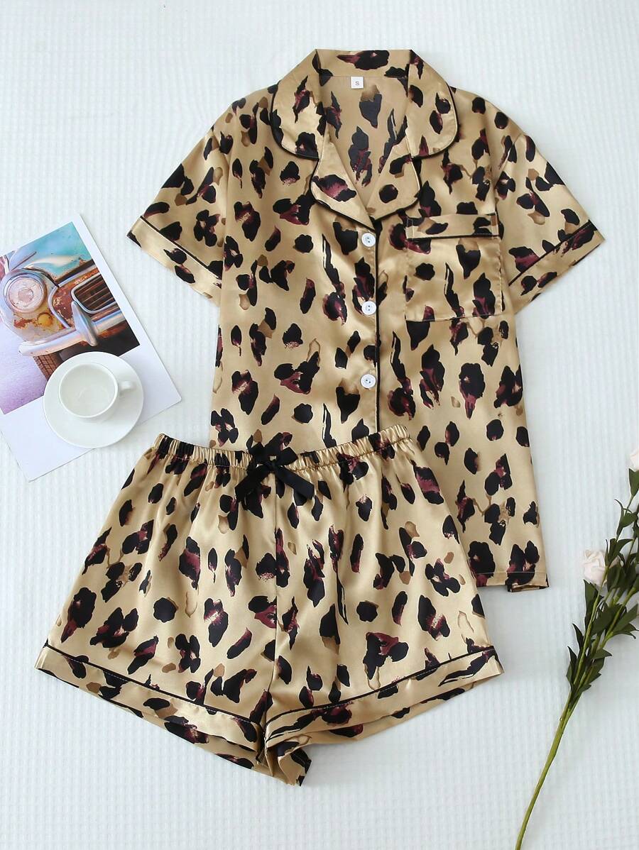 [Elegant Fields]2pcs/Set Satin Brown Leopard Print Short Sleeve Collared Top & Bowknot Shorts Women Summer Pajama Set,Two Pieces Set - Yellow - View 1