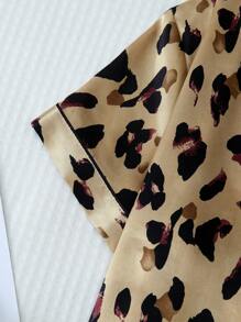 [Elegant Fields]2pcs/Set Satin Brown Leopard Print Short Sleeve Collared Top & Bowknot Shorts Women Summer Pajama Set,Two Pieces Set - Yellow - View 4