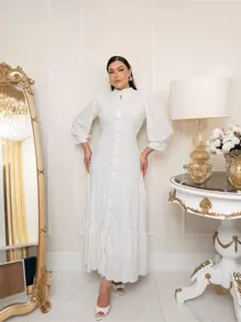 Long Dress With Long Sleeves Lese Cotton Mesh Social Party - 白色 - 查看 3