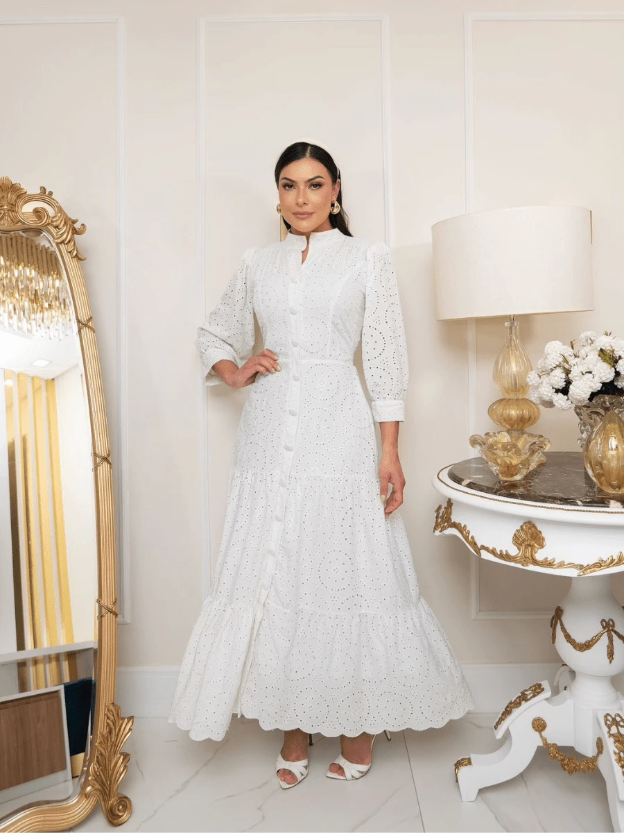 Long Dress With Long Sleeves Lese Cotton Mesh Social Party - 白色 - 查看 1