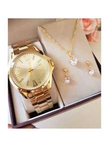 Kit Relógio Feminino Dourado Prata + Colar Brinco Folheado