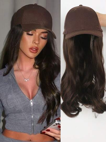 26 英寸摩卡棕色宽边棒球帽，帽子假发拼布棕色合成假发，波浪卷发发型，便携日常佩戴耐热纤维带延长假发帽