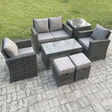 Fimous 6 Seater Outdoor Rattan Garden Furniture Set Patio Lounge Sofa Set With Coffee Table Side Table 2 Small Footstools Dark Grey Mixed - Dark Grey - View 2