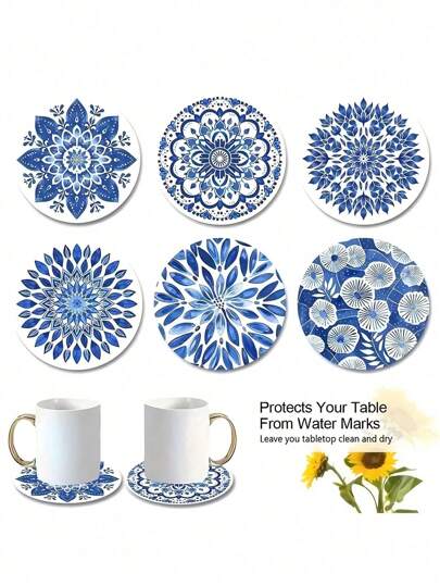 6pcs/Set Blue & White Porcelain Mandala Flower Wooden Coasters - Heat Resistant, Non-Slip, Insulated, Suitable For Coffee Cups And Drinks, Ideal For Home, Office And Restaurant Use, All Season