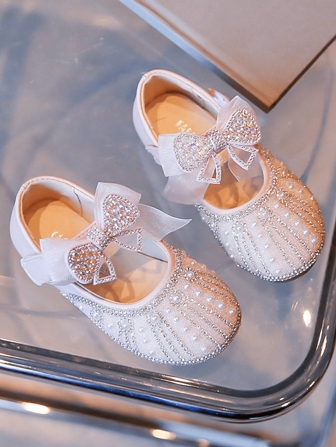 1 Pair Girls' Sparkly Bow Decor Hook And Loop Closure Children Flat Shoes, PU Uppers With Insole, Round Toe, Non-Slip Outsole, Summer