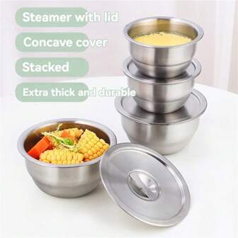 1pc Stainless Steel Mixing Bowl With Lid, Creamer, Thickened, Deep, Splash-Proof, Cake Mixing Baking Tool, Garden Picnic Table