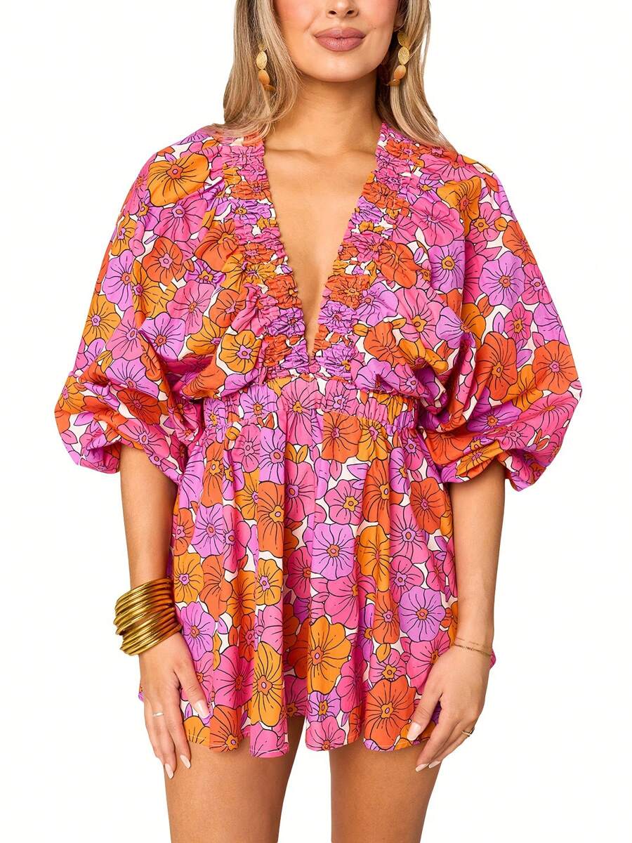 Women's Summer Short Boho Jumpsuit Long Sleeve Deep V Neck Stripe/Floral Print Playsuit