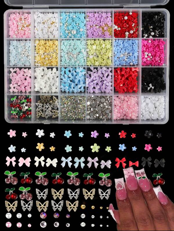 24 Grades Decoração de Arte de Unhas 3D de Flor Y2K em Acrílico, Miçangas Douradas de Aço Coloridas de Tamanho Misto, Encantos de Unha Florais Fofos DIY, Acessórios de Joias Kawaii, Gemas de Unha, Suprimentos de Unha, Suprimentos de Unha Floral para Manicure. Borboleta Vazada de Liga, Cereja, Strass Plano
