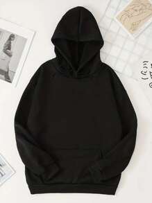Cartoon And Letter Print Hooded Sweatshirt With Kangaroo Pocket With Drawstring And Thermal Lining - Black - View 2