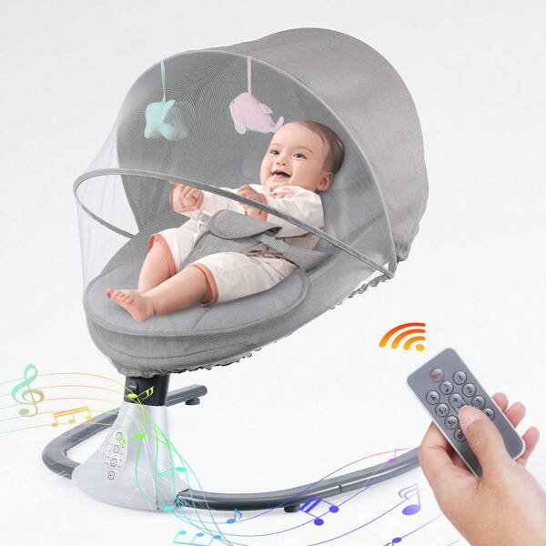 Babywippe Elektrisch mit 4 Natürlichen Schaukelgeschwindigkeiten, Babyschaukel elektrisch mit Timing- & Blueteethfunktion,mit Fernbedienung & 5-Punkt-Gurt,0-9 kg,Musik,Spielzeug
