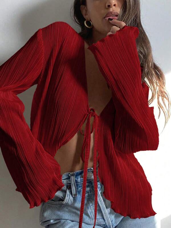 Women's Tie Front Long Sleeve Casual Daily Fashion Pleated Flare Cuff Blouse