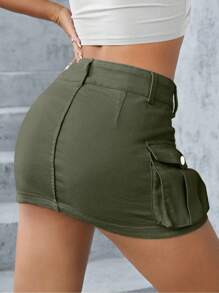 Women Mini Skirt Vintage Low Waist Cargo Skirt Summer Slim Fit Solid Color Skirt With Pockets For Club Party Streetwear