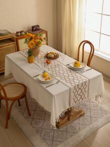 1 pieza Mantel de lino grueso bordado con borlas, Cubierta de mesa de comedor rectangular estilo bohemio con flecos, apto para fiestas, reuniones, cumpleaños, mesa de comedor, decoración del hogar - Caqui - Ver 3