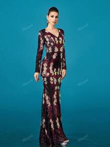 Missord Women's Elegant Sequin Long Sleeve V-Neck Cocktail Dress,Party Dress,Gown,Formal,Evening,Wedding Guest