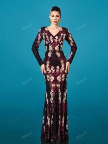 Missord Women's Elegant Sequin Long Sleeve V-Neck Cocktail Dress,Party Dress,Gown,Formal,Evening,Wedding Guest