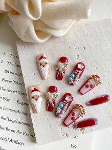 10 Long Coffin Press-On Nails Christmas Theme Nail Art Gold Bow And Cherry Accessories Christmas Tree Santa's Christmas Candy Graphic Design Handmade Nail Nail Nails Are Removed And Reused, Suitable For Ladies, Girls On Stage, Dance, Party Scenes, Girls 1 Slice Of Fruity Jelly Gel