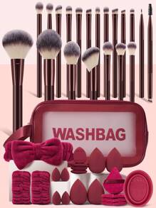 20/41件套化妆工具套装，包含：1个多功能拉链防水化妆包+20支化妆刷+4个化妆海绵+4个迷你化妆海绵+4个三角粉扑+4个迷你气垫粉扑+1个发圈+2个手碗挂绳+1套化妆刷清洁工具。旅行必备，情人节礼物，价格实惠，旅行化妆刷套装，女士礼物，化妆师必备，专业全套化妆工具。 - 彩色 - 查看 1