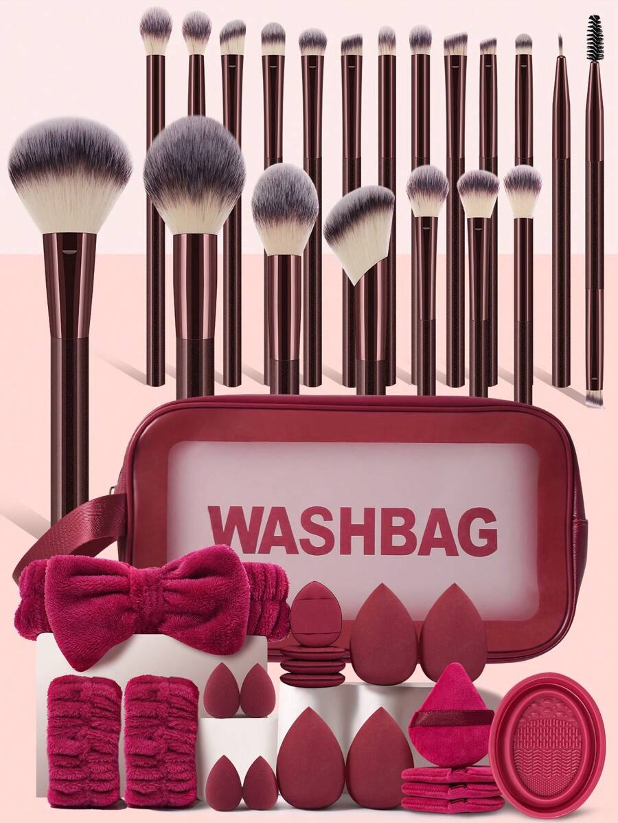 20/41件套化妆工具套装，包含：1个多功能拉链防水化妆包+20支化妆刷+4个化妆海绵+4个迷你化妆海绵+4个三角粉扑+4个迷你气垫粉扑+1个发圈+2个手碗挂绳+1套化妆刷清洁工具。旅行必备，情人节礼物，价格实惠，旅行化妆刷套装，女士礼物，化妆师必备，专业全套化妆工具。 - 彩色 - 查看 1