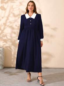 DEARCASE 大码女式拼色翻领长袖连衣裙 - 藏蓝色 - 查看 3