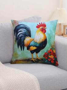 1 件公鸡和花卉图案装饰枕套，现代布艺印花靠垫套，适用于沙发、客厅、家居装饰，不含填充物 - 彩色 - 查看 1