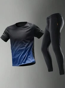 2pcs/Set Men's Ombre Gradient Short Sleeve T-Shirt And Drawstring Waist Ankle-Length Sweatpants, Suitable For Outdoor Running, Gym Workout