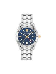 Versace Greca Time GMT Quartz Watch For Men Bracelet Watch Men's Watches Stainless Steel, 41 Mm Blue Dial,Sapphire Crystal, VE7C00523