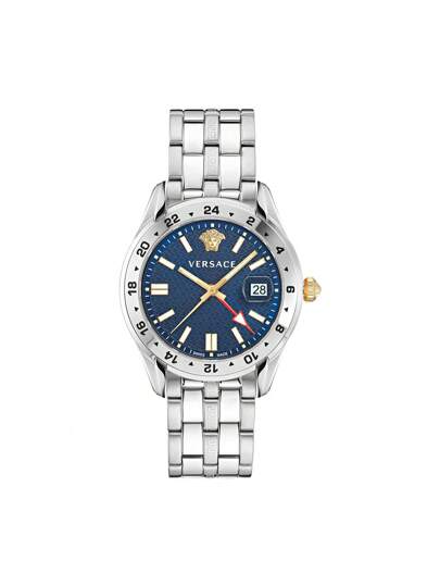 Versace Greca Time GMT Quartz Watch For Men Bracelet Watch Men's Watches Stainless Steel, 41 Mm Blue Dial,Sapphire Crystal, VE7C00523
