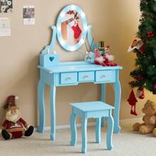 Kids Girls Vanity Table Set Makeup Dressing Table Stool Mirror With 3 Drawers