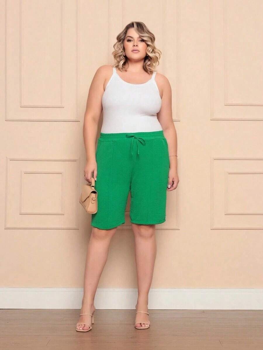 Women's Bermuda Shorts High Waist Plus Size Duna Fabric With Drawstring Summer Fashion - xanh quân đội - Xem 1